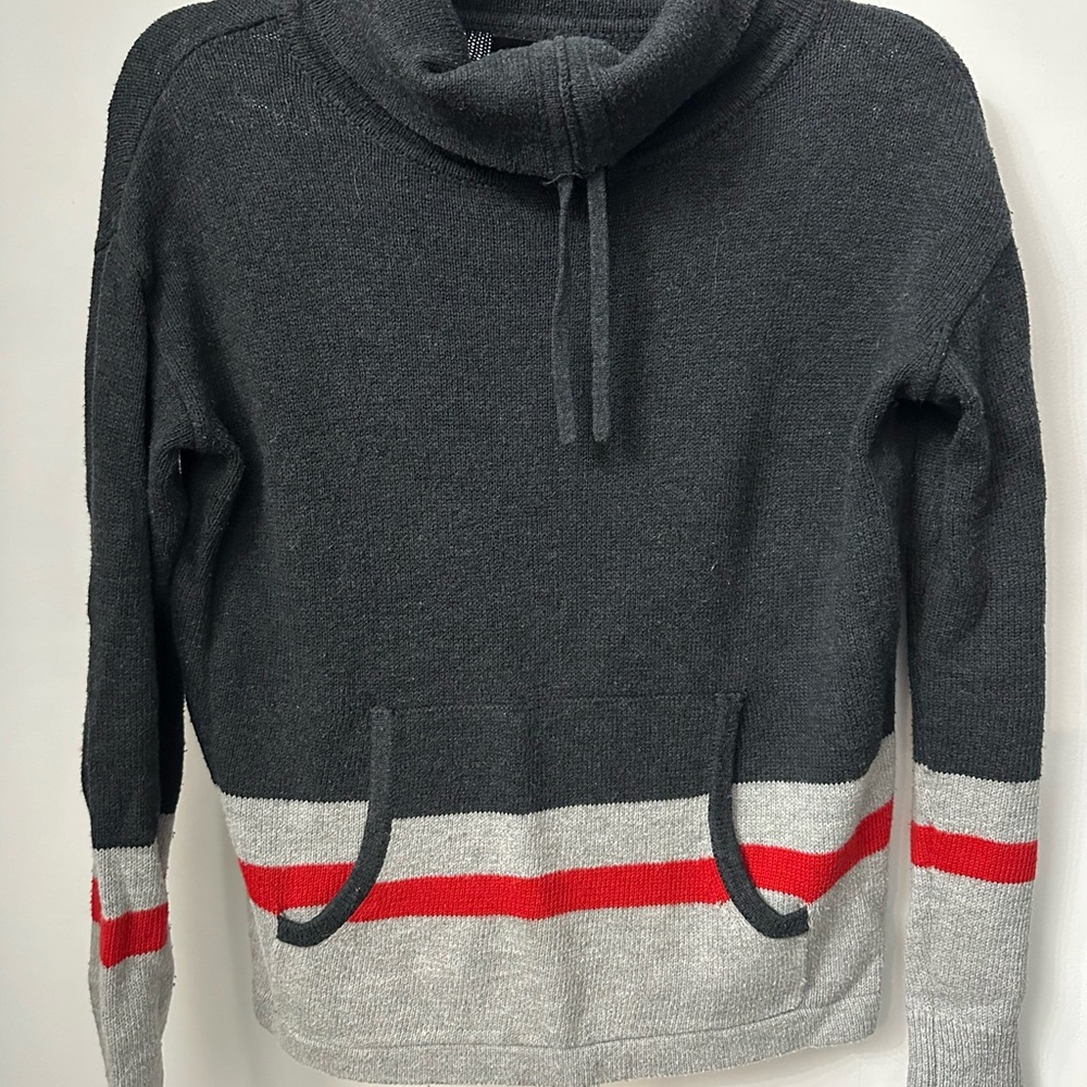 Charcoal Gray and Red Striped Cowl Neck Sweater